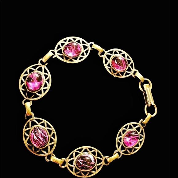 Vintage Banana Bob Victorian style ox gold open work amethyst cabashon bracelet - Picture 3 of 8